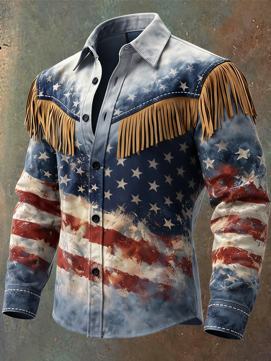 Men's Retro U.S 250 American Eagle Print Western Vintage Tassel Casual Long Sleeve Shirt